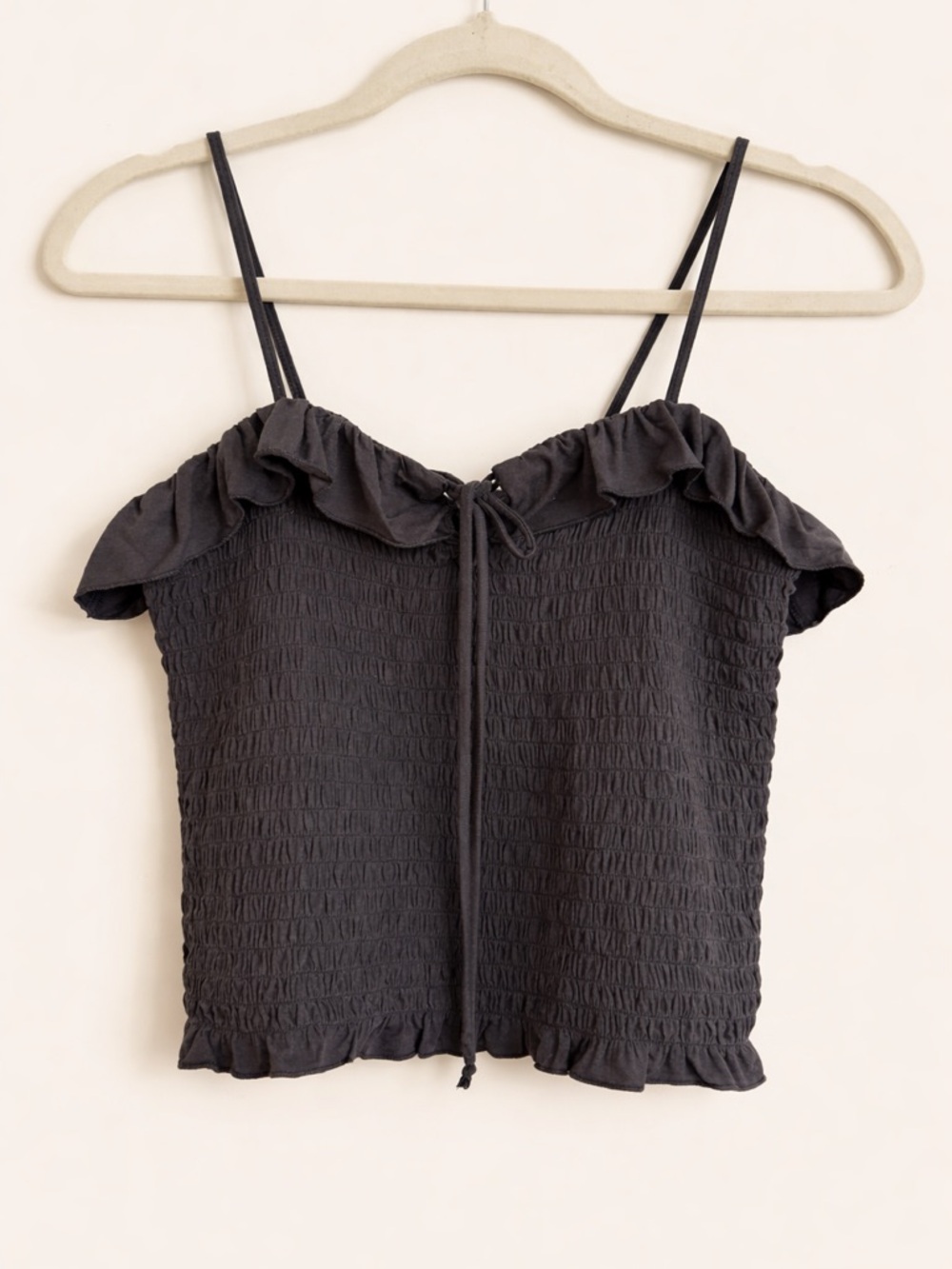 American Eagle Smocked Ruffle Crop Top Charcoal Gray Spaghetti Strap Size S